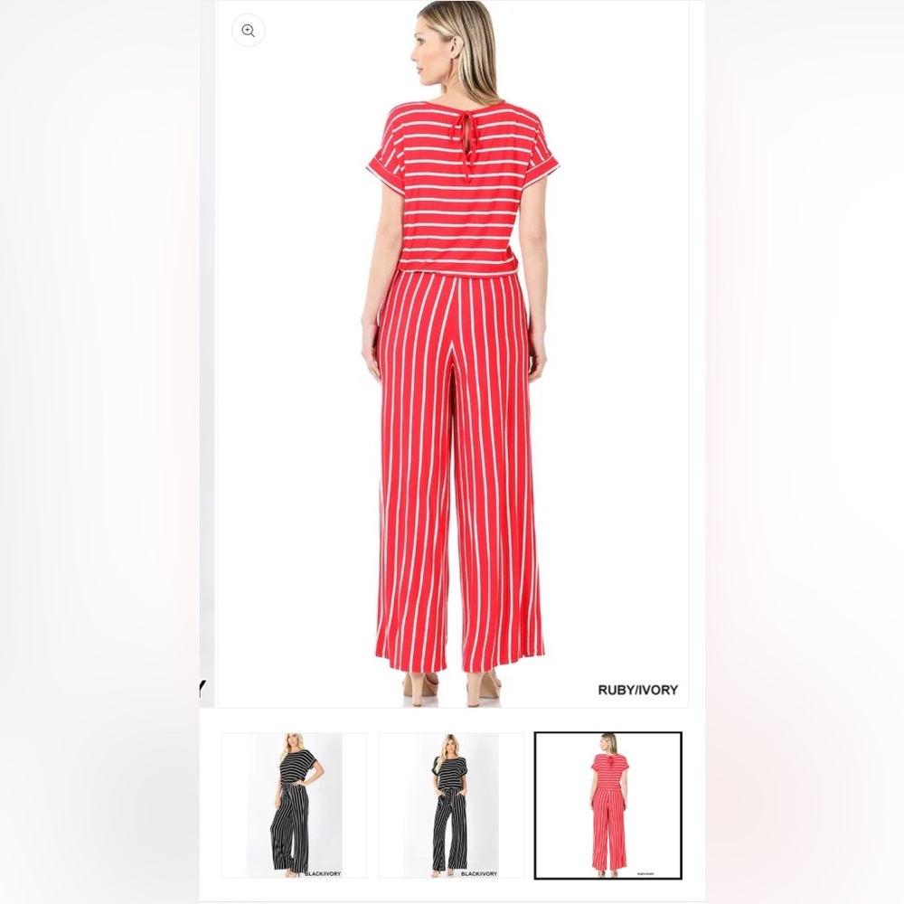 NIB Zenana Stripe Jumpsuit With Elastic Waist & Back Keyhole Opening Size XL